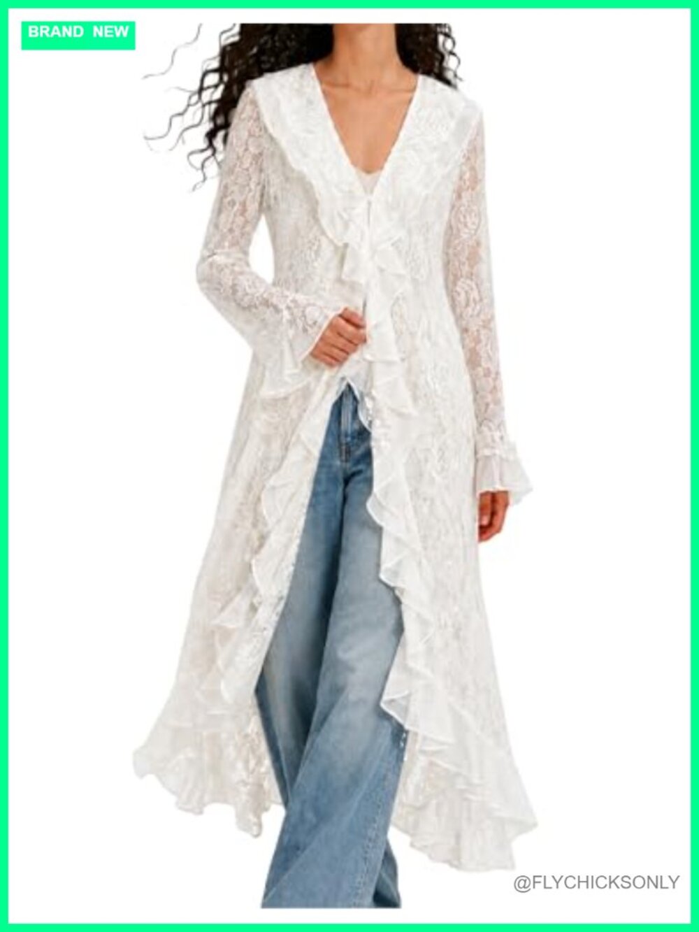 Women's Lace Maxi Cardigan Open Front Bell Sleeve Sheer Cover Up
